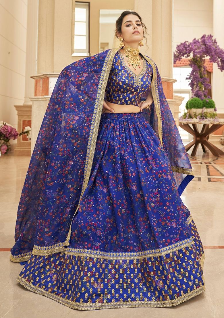 Blue Embroidered Art Silk Lehenga Set