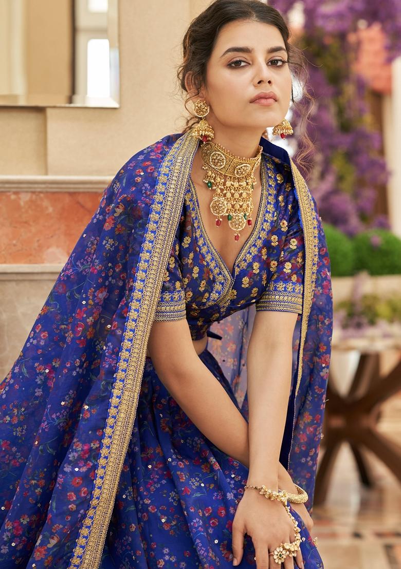 Blue Embroidered Art Silk Lehenga Set
