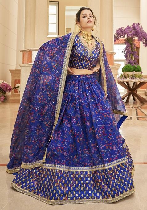 Blue Embroidered Art Silk Lehenga Set