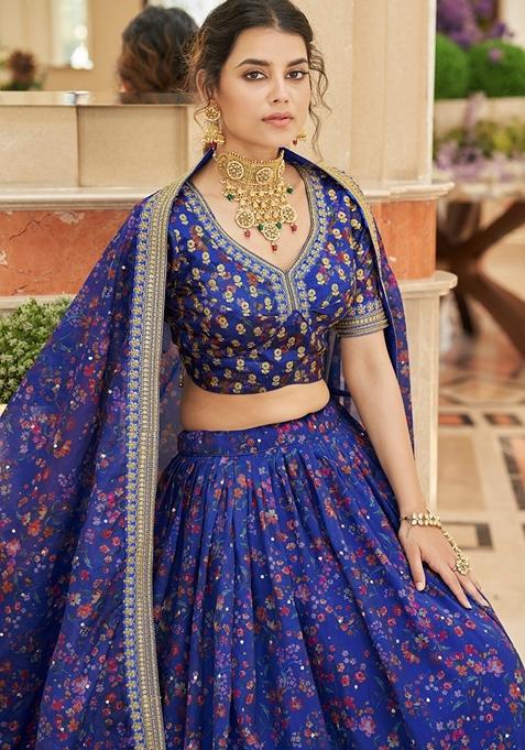 Blue Embroidered Art Silk Lehenga Set