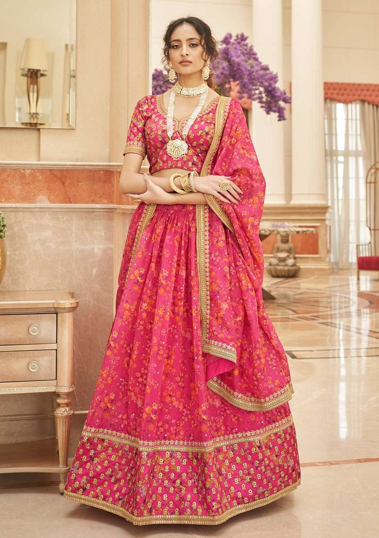 Pink Embroidered Art Silk Blend Lehenga Set for Diwali and Festive Wear - Indya