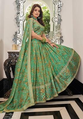 Pista Green Embroidered Art Silk Lehenga Set
