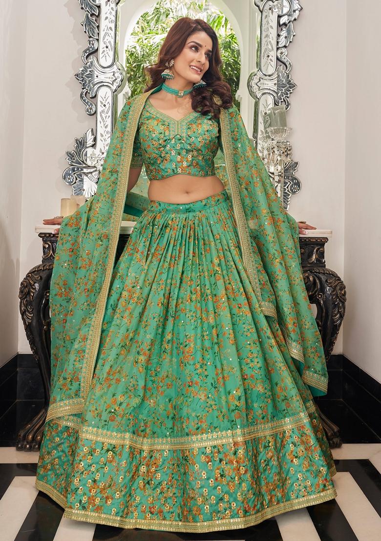 Pista Green Embroidered Art Silk Lehenga Set