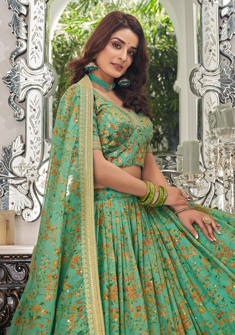 Pista Green Embroidered Art Silk Lehenga Set