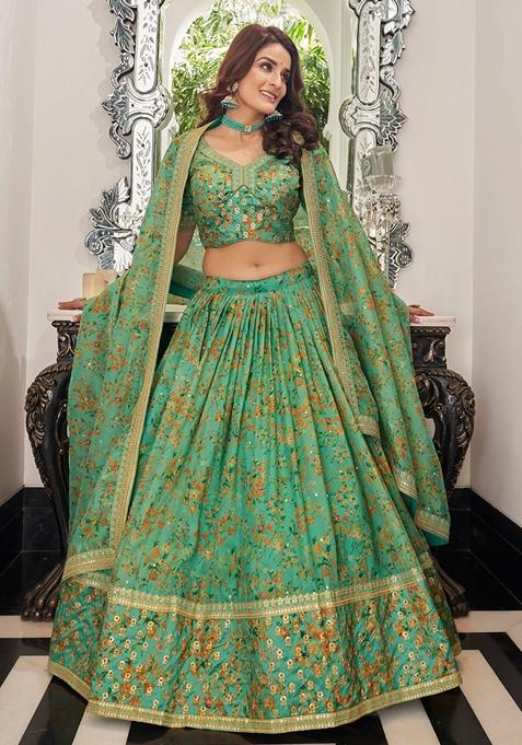 Pista Green Embroidered Art Silk Lehenga Set