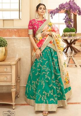 Green And White Embroidered Art Silk Lehenga Set