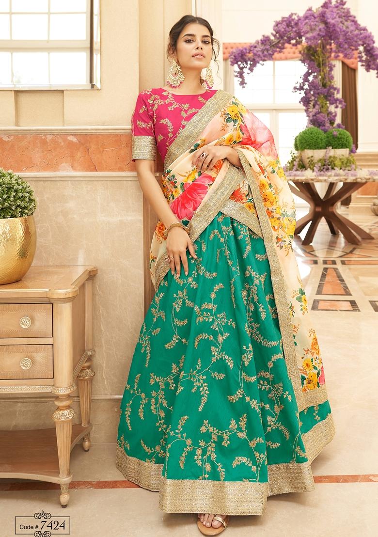 Green And White Embroidered Art Silk Lehenga Set