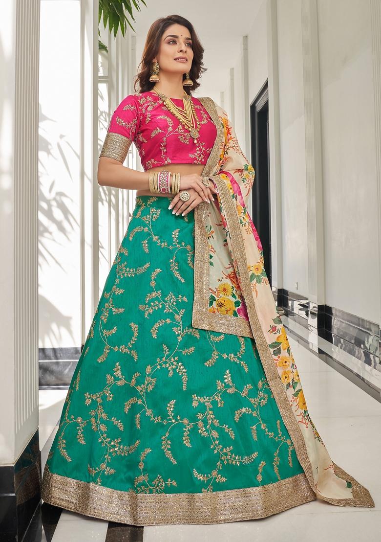 Green And White Embroidered Art Silk Lehenga Set