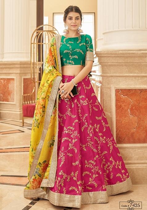 Pink And Yellow Embroidered Art Silk Lehenga Set