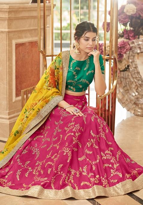 Pink And Yellow Embroidered Art Silk Lehenga Set
