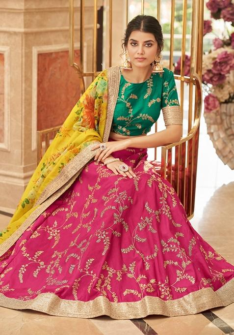 Pink And Yellow Embroidered Art Silk Lehenga Set