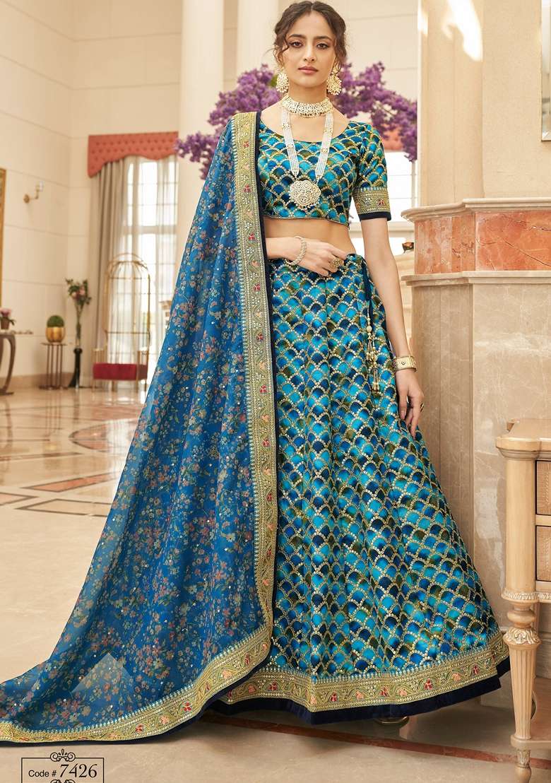Blue Embroidered Art Silk Blend Lehenga Set - Indya