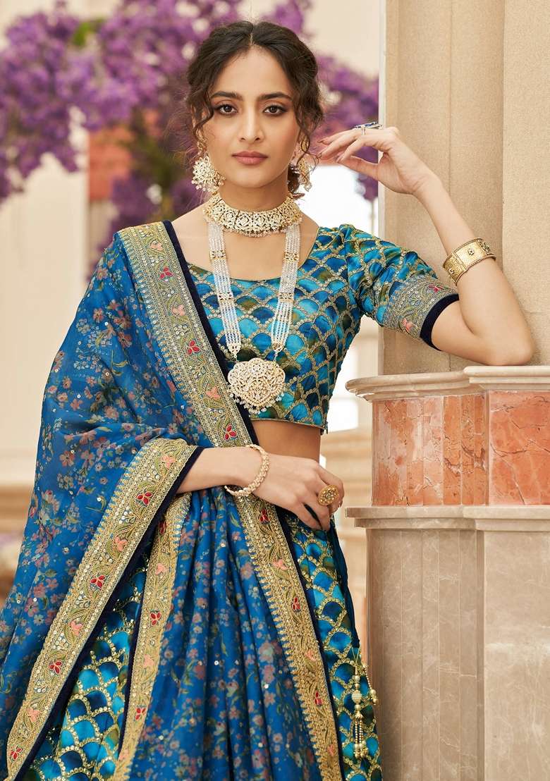 Blue Embroidered Art Silk Blend Lehenga Set - Indya