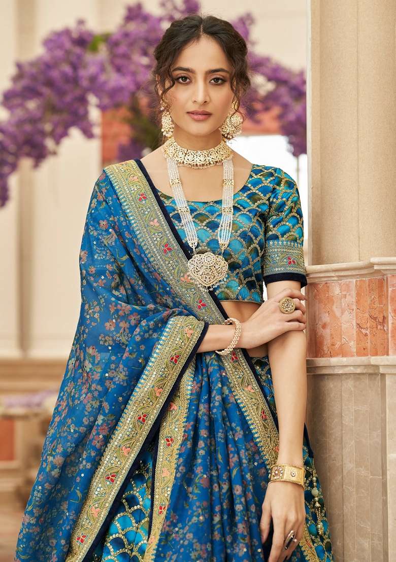 Blue Embroidered Art Silk Blend Lehenga Set - Indya