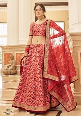 Red Embroidered Art Silk Lehenga Set