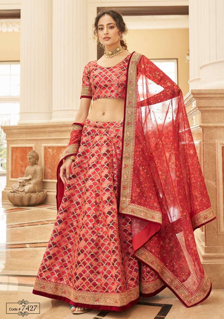 Red Embroidered Art Silk Blend Lehenga Set for Diwali and Festive Wear - Indya