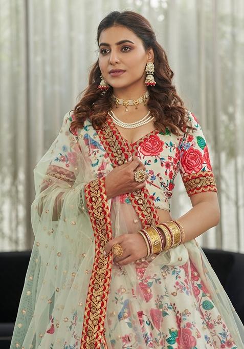 White And Red Embroidered Art Silk Lehenga Set