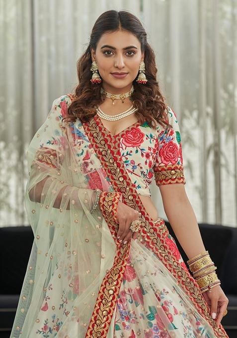 White And Red Embroidered Art Silk Lehenga Set