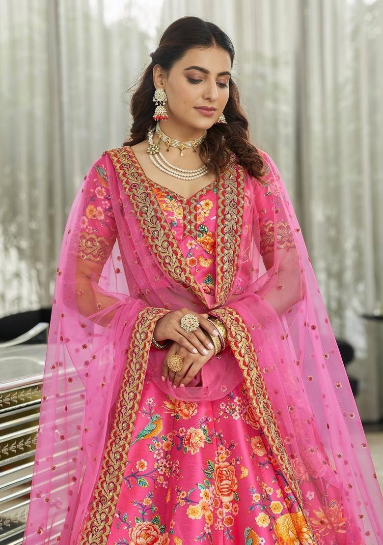 Deep Pink Embroidered Art Silk Lehenga Set