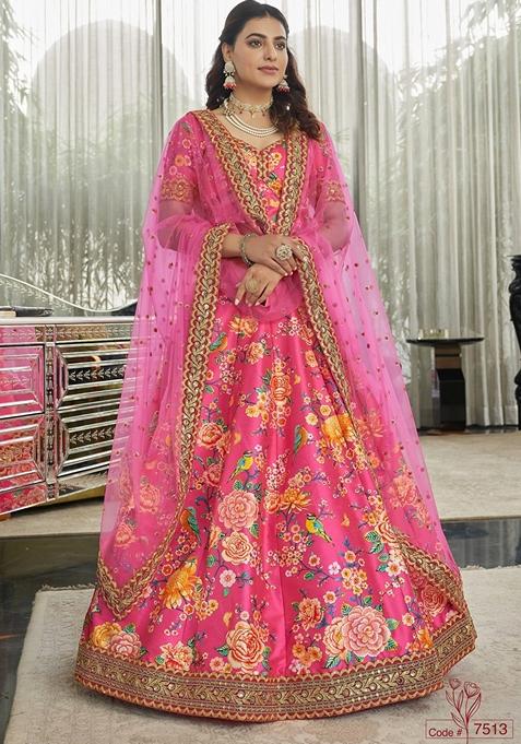 Deep Pink Embroidered Art Silk Lehenga Set