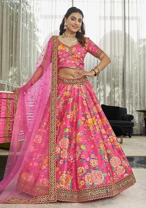 Deep Pink Embroidered Art Silk Lehenga Set