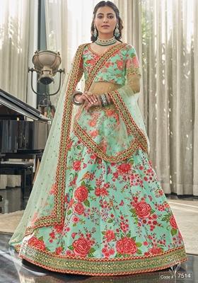 Mint Green And Red Embroidered Art Silk Lehenga Set