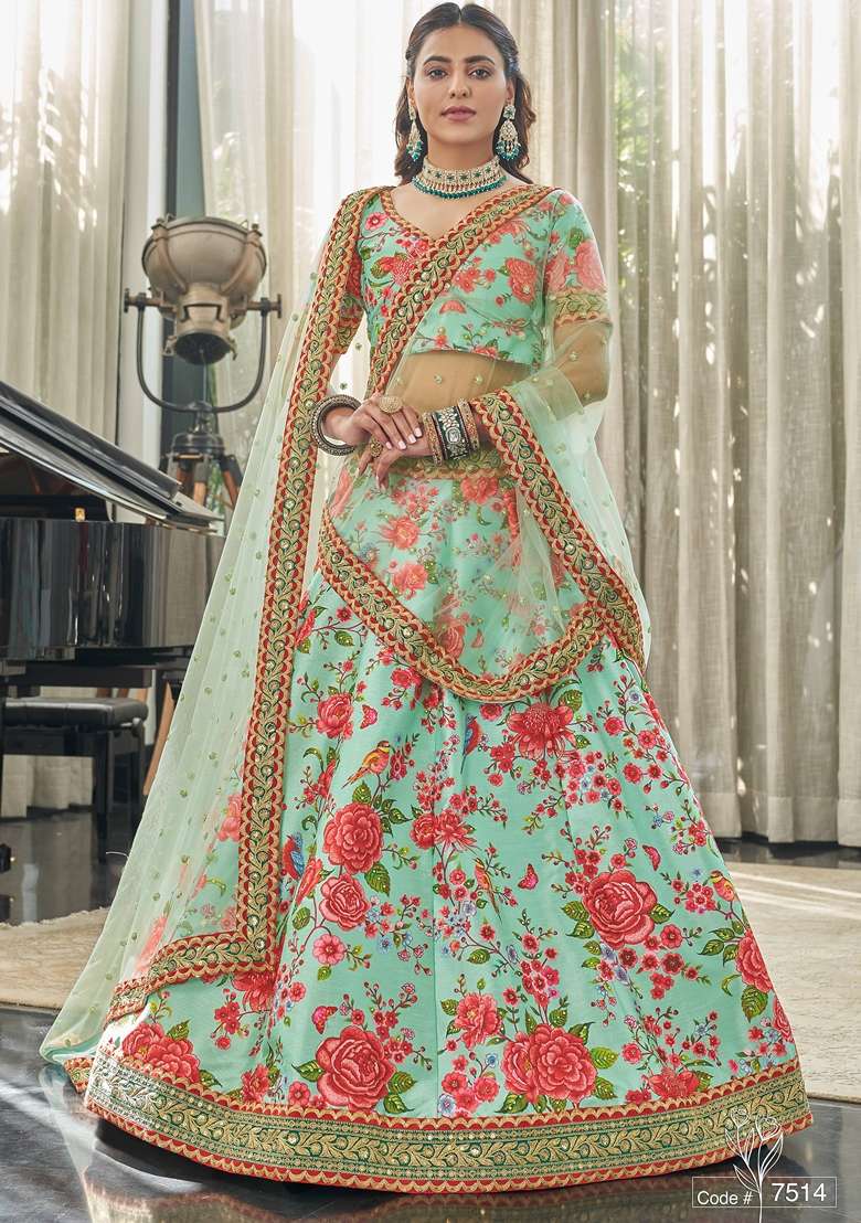 Mint Green And Red Blend Art Silk Lehenga Set with Embroidered for Diwali | Wedding & Festive Wear - Indya
