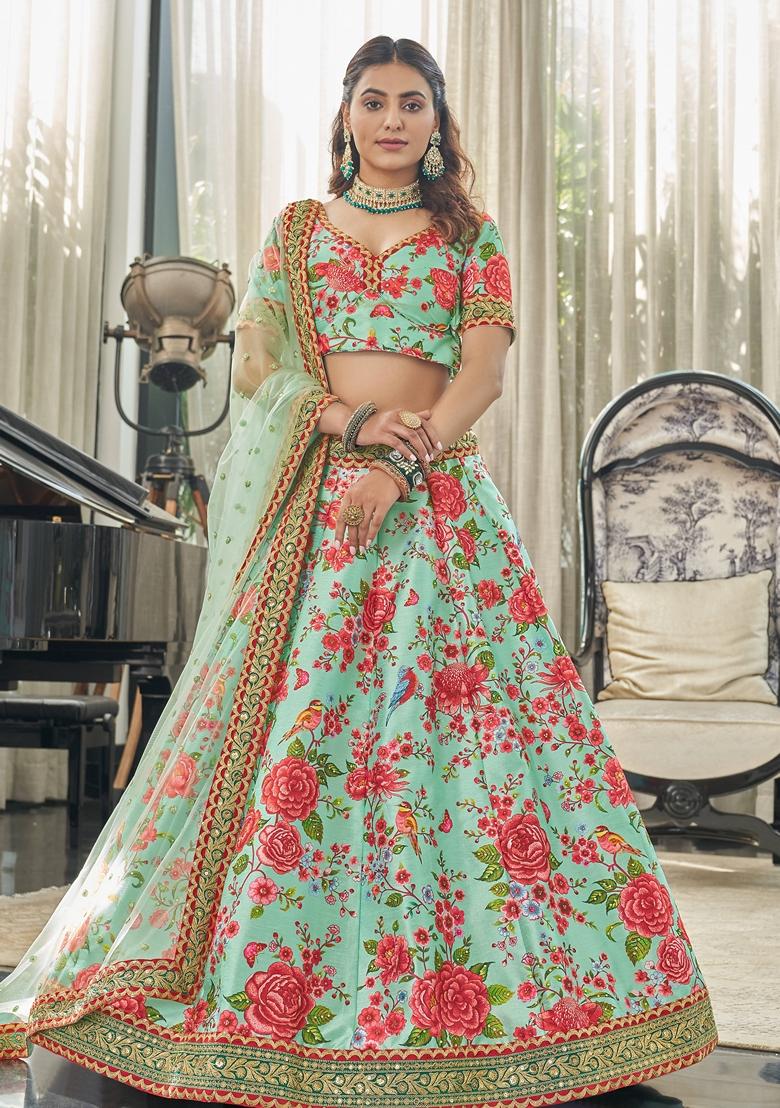 Mint Green And Red Embroidered Art Silk Lehenga Set