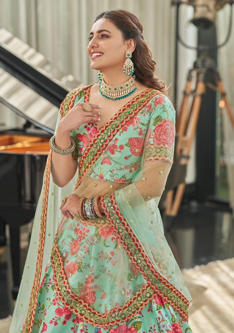 Mint Green And Red Embroidered Art Silk Lehenga Set