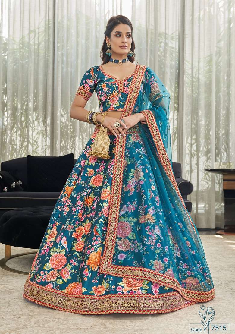 Teal Blue Embroidered Art Silk Lehenga Set - Indya