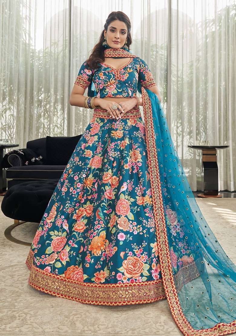 Teal Blue Embroidered Art Silk Lehenga Set - Indya