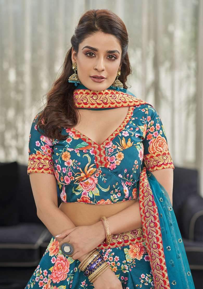 Teal Blue Embroidered Art Silk Lehenga Set - Indya