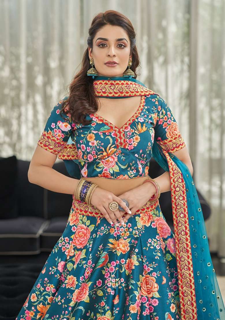 Teal Blue Embroidered Art Silk Lehenga Set - Indya