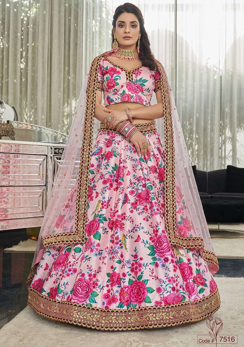 Light Pink Blend Art Silk Lehenga Set with Embroidered for Diwali | Wedding & Festive Wear - Indya