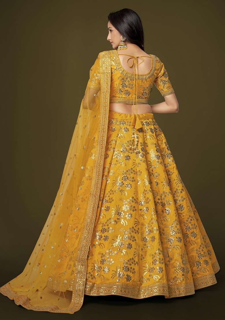 Yellow Slub Silk Blend Lehenga Set with Embroidered for Diwali | Wedding & Festive Wear - Indya