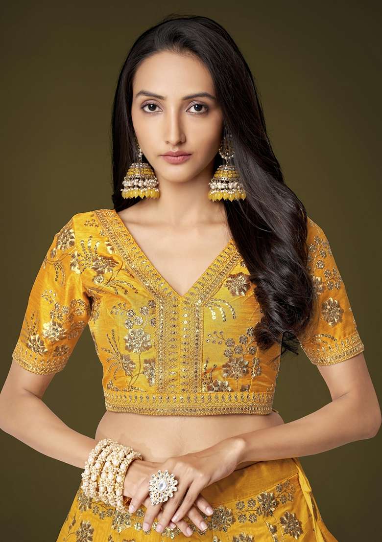 Yellow Slub Silk Blend Lehenga Set with Embroidered for Diwali | Wedding & Festive Wear - Indya
