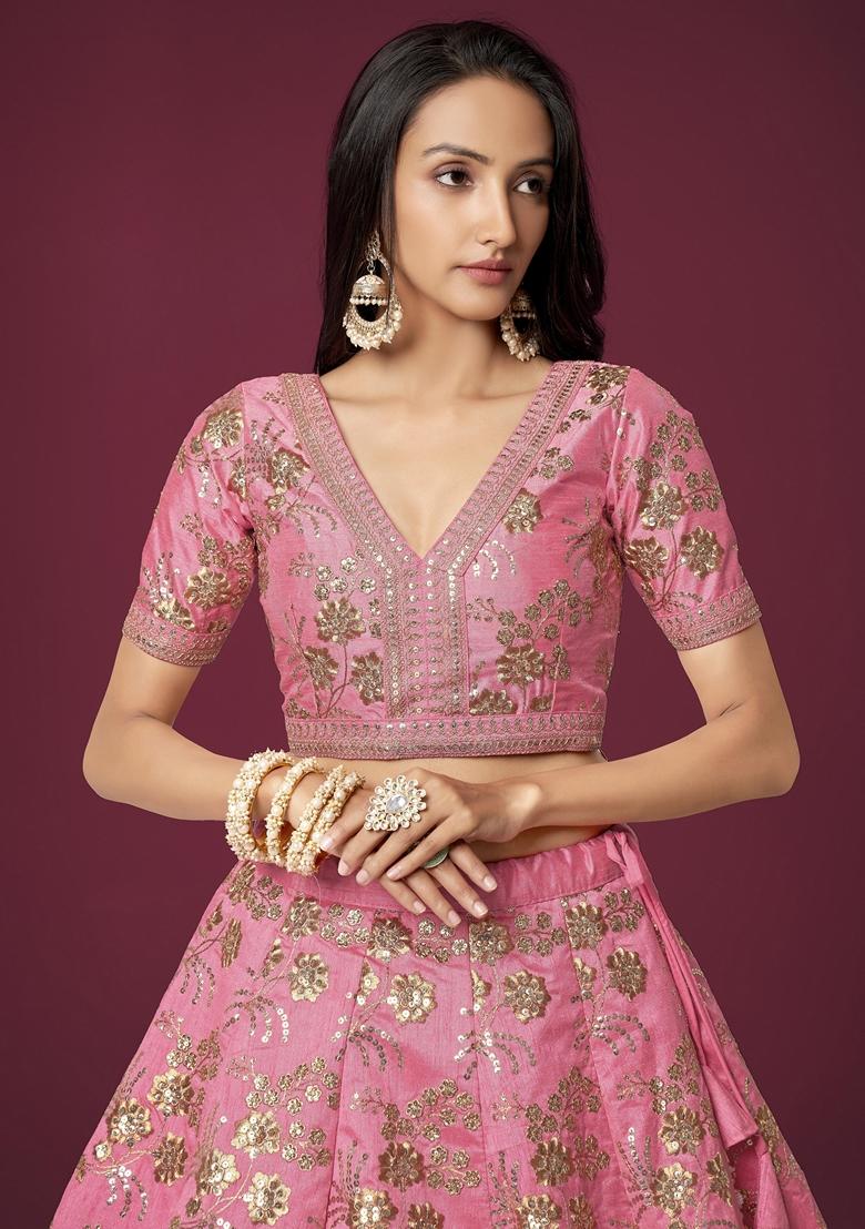 Pink Embroidered Slub Silk Lehenga Set