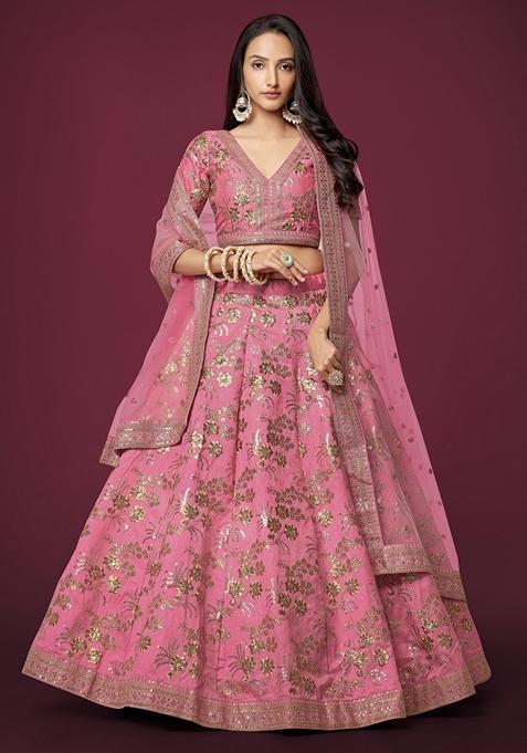 Pink Embroidered Slub Silk Lehenga Set