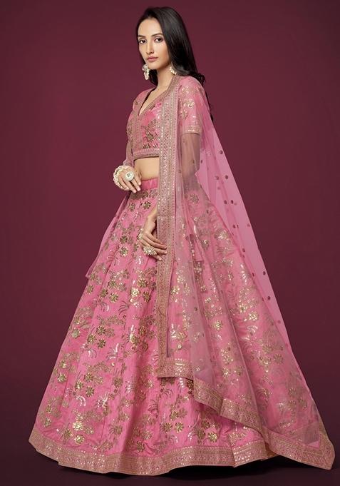 Pink Embroidered Slub Silk Lehenga Set