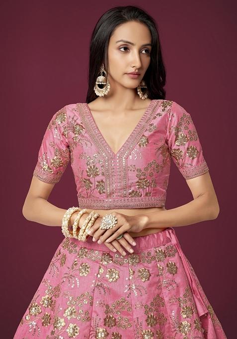 Pink Embroidered Slub Silk Lehenga Set