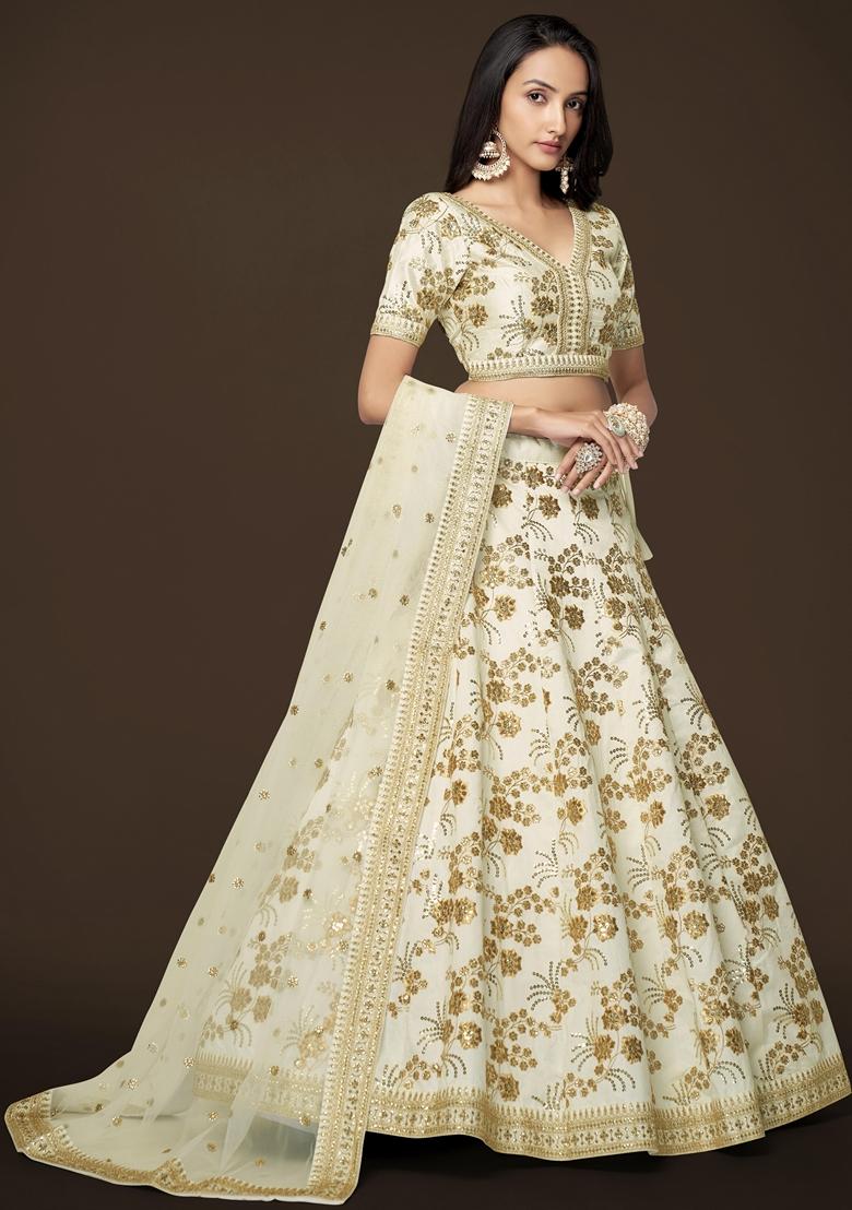 White Embroidered Slub Silk Lehenga Set