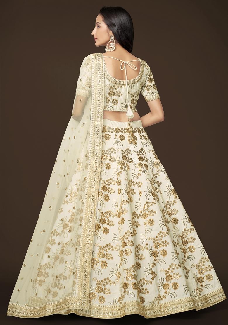 White Embroidered Slub Silk Lehenga Set