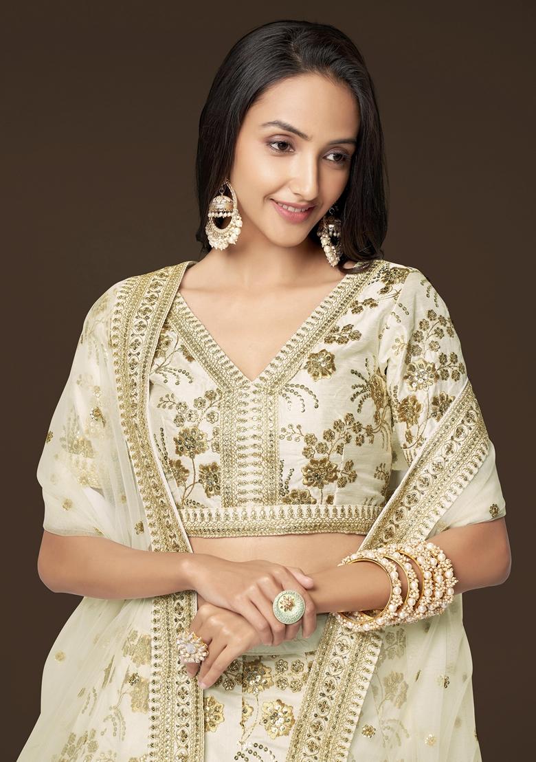 White Embroidered Slub Silk Lehenga Set