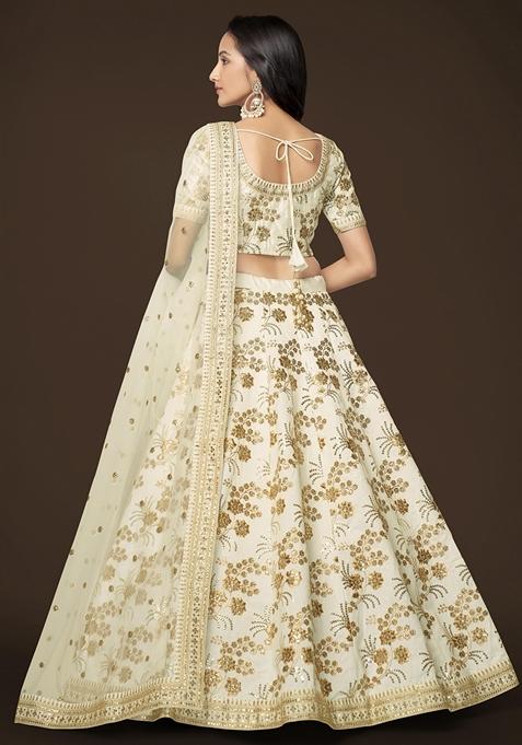 White Embroidered Slub Silk Lehenga Set