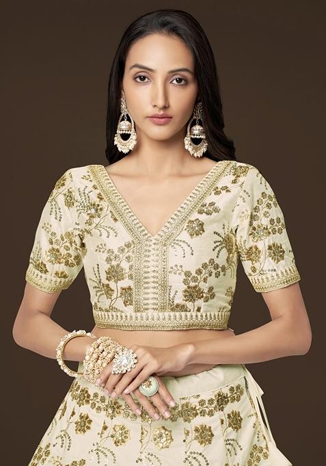 White Embroidered Slub Silk Lehenga Set