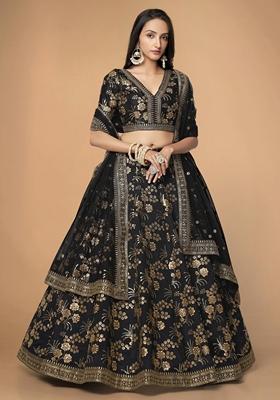 Black Embroidered Slub Silk Lehenga Set