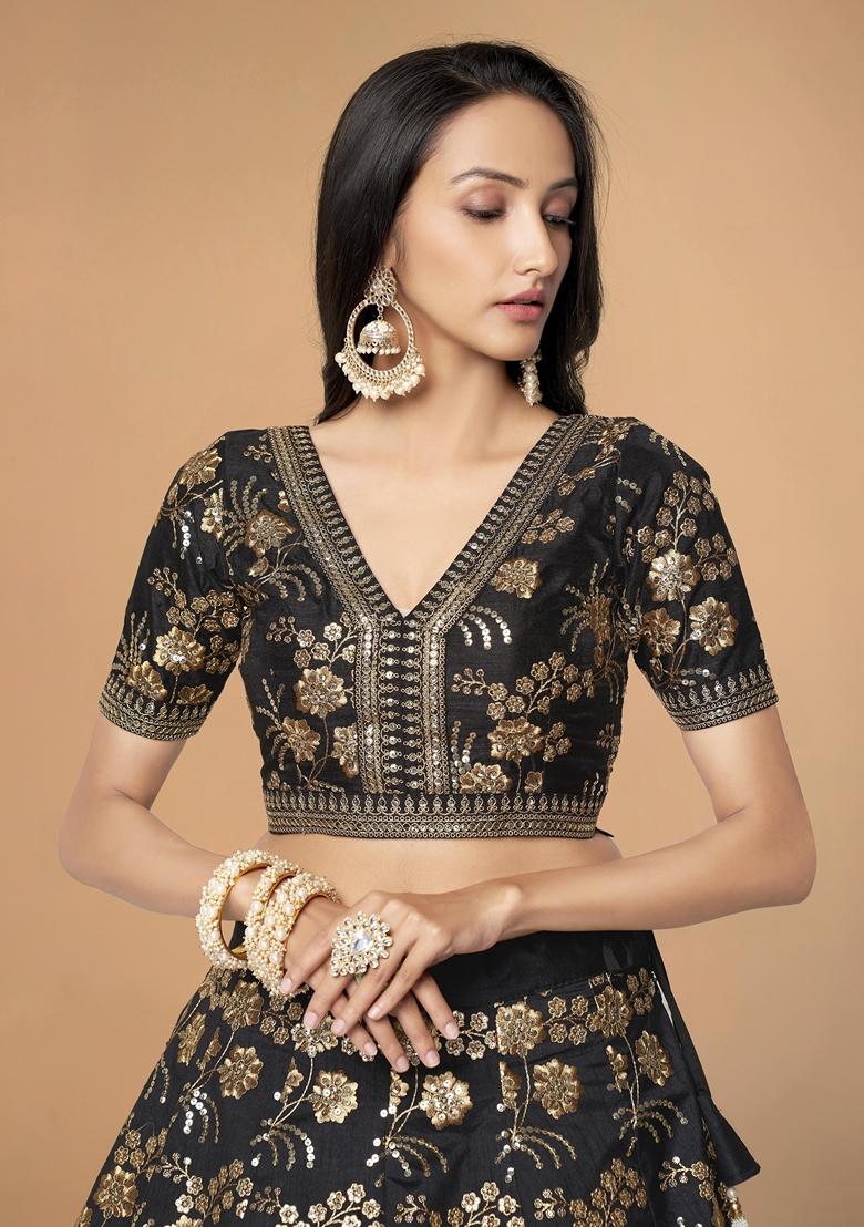 Black Embroidered Slub Silk Lehenga Set
