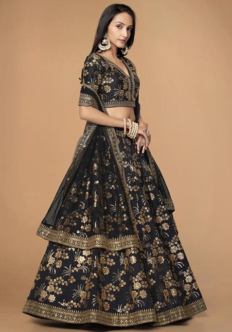 Black Embroidered Slub Silk Lehenga Set