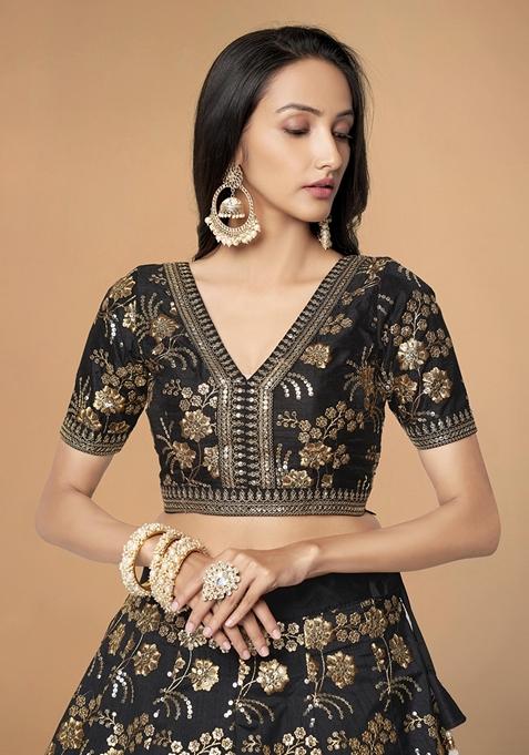 Black Embroidered Slub Silk Lehenga Set