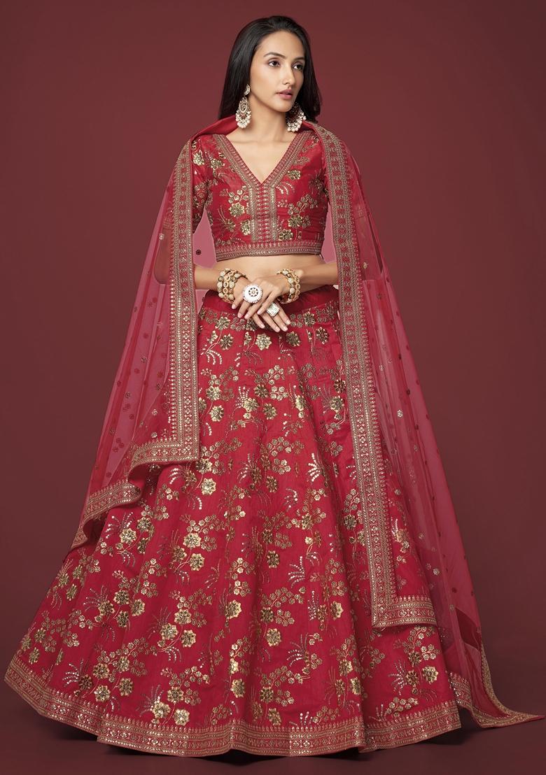 Red Embroidered Slub Silk Lehenga Set